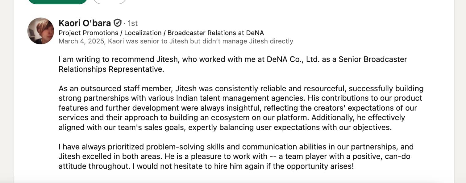LinkedIn recommendation from Kaori O'bara, Project Promotions at DeNA